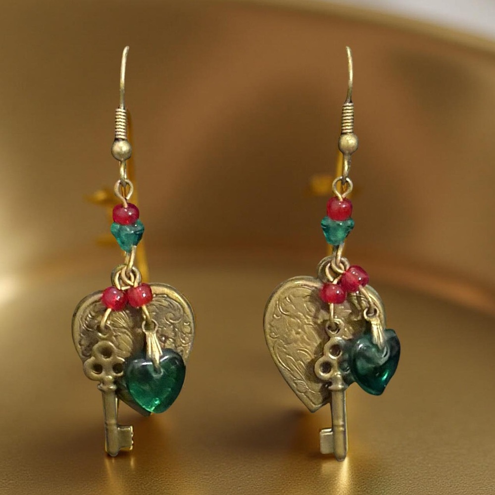 Vintage Banana Bob Heart & Key Earrings | Green Glass Hearts | Holiday